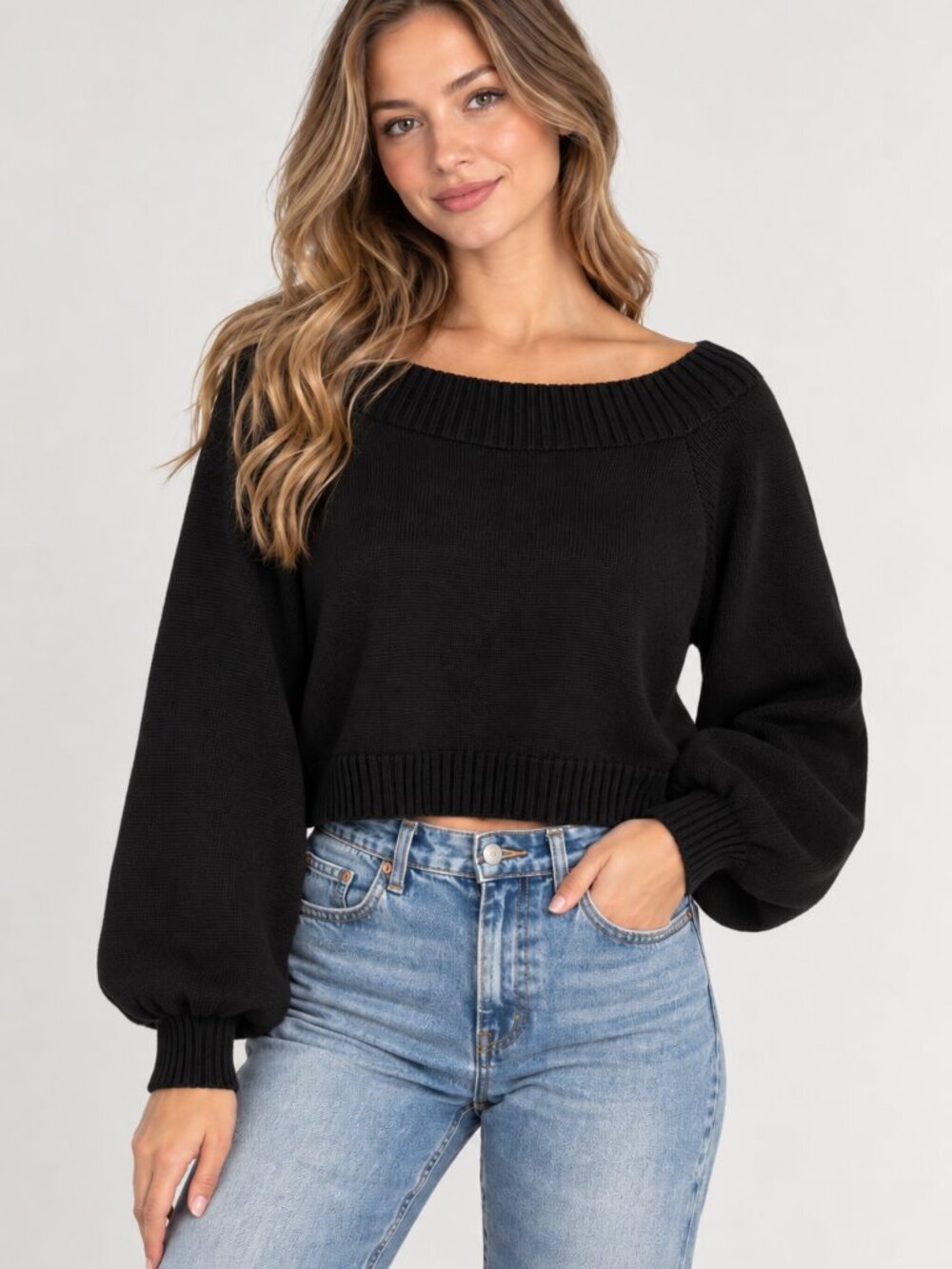 WEWOREWHAT Women's Cropped Knit Sweater Size L Black Cotton Wide Neck